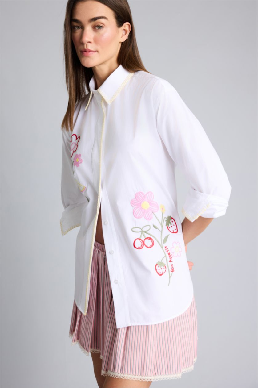 Kadın Beyaz Afra x Defacto Oversıze Nakışlı Poplin  Kollu Gömlek