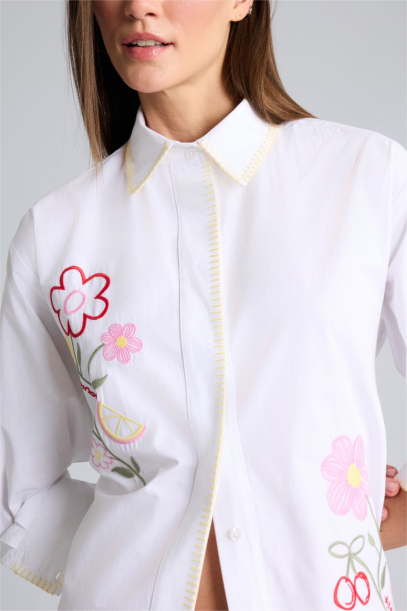 Kadın Beyaz Afra x Defacto Oversıze Nakışlı Poplin  Kollu Gömlek