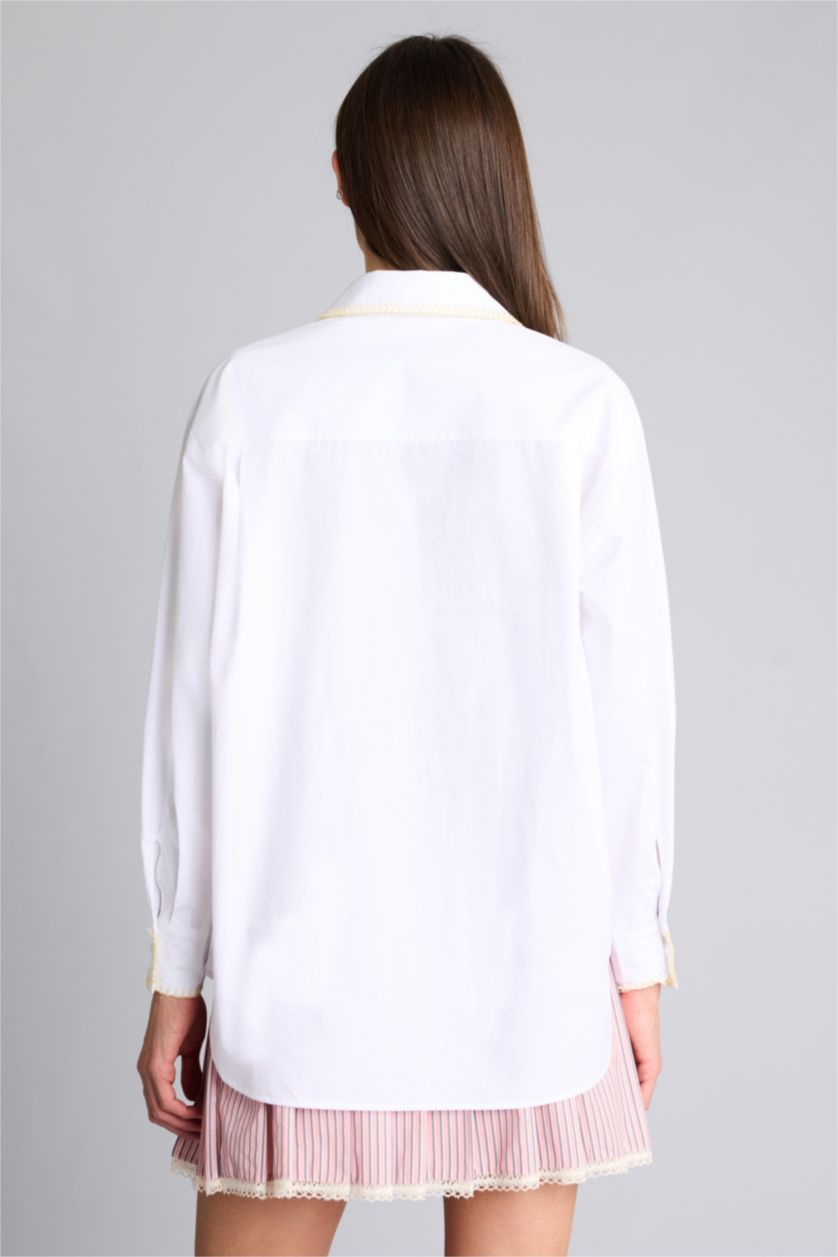 Kadın Beyaz Afra x Defacto Oversıze Nakışlı Poplin  Kollu Gömlek