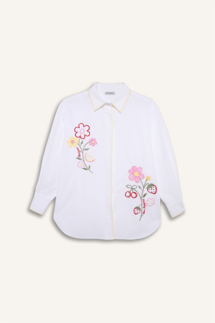 Kadın Beyaz Afra x Defacto Oversıze Nakışlı Poplin  Kollu Gömlek