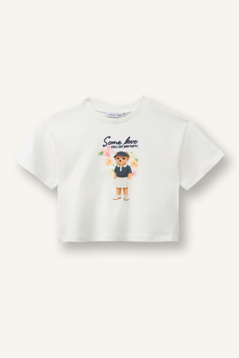 Baby Girl White تيشيرت بيبي بناتي قصة عادية وطبعة دب