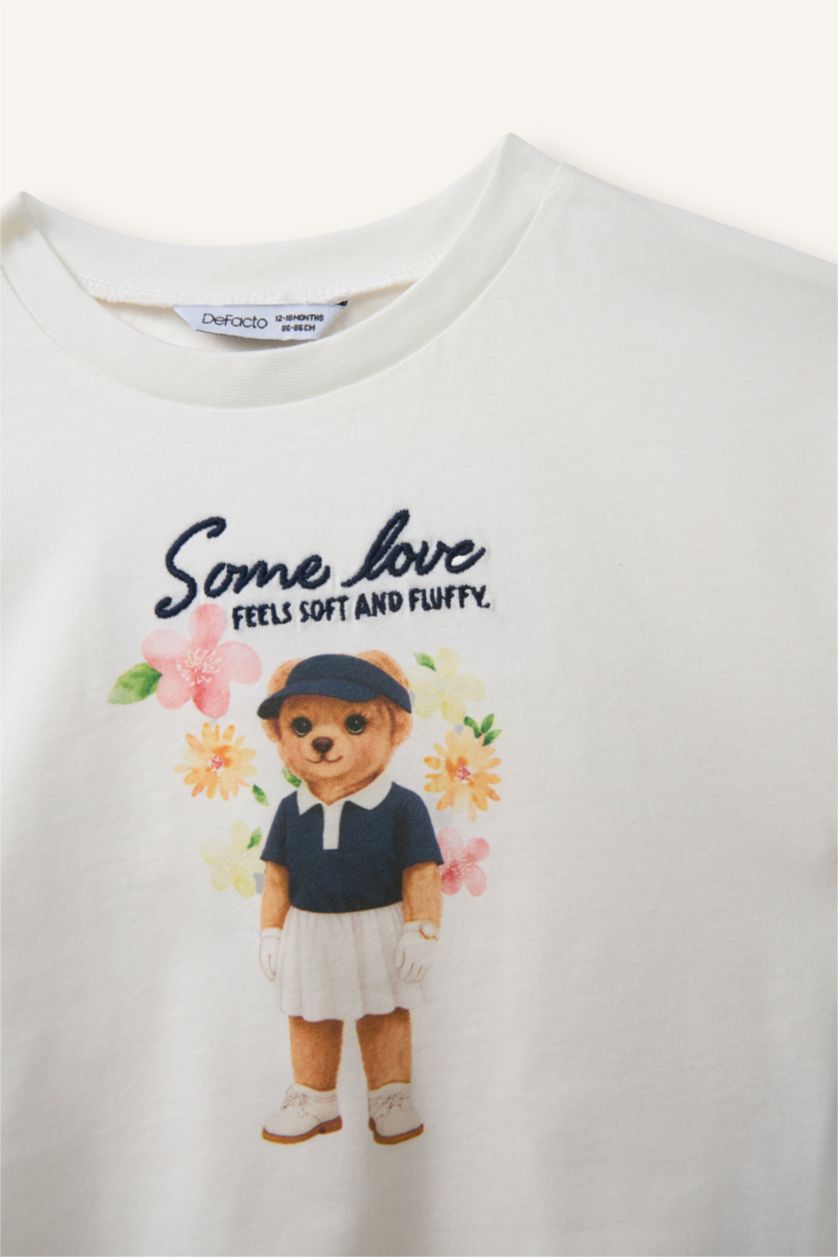 Baby Girl White تيشيرت بيبي بناتي قصة عادية وطبعة دب