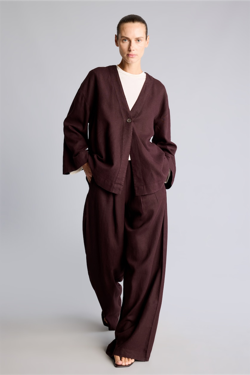 Women Brown Regular Fit V-Neck Short Linen Kimono