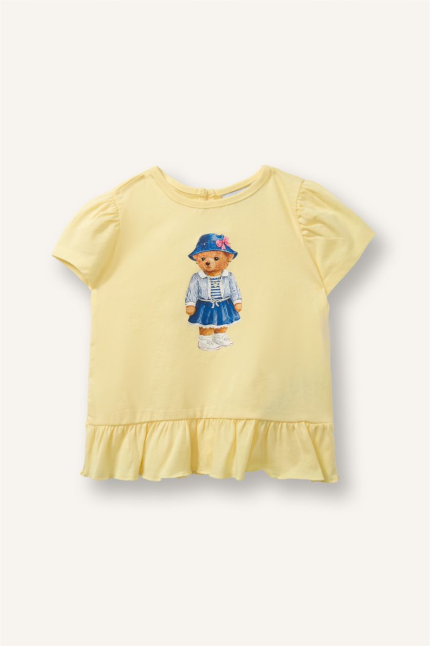 Baby Girl Yellow تيشيرت بيبي بناتي قصة عادية وطبعة دب