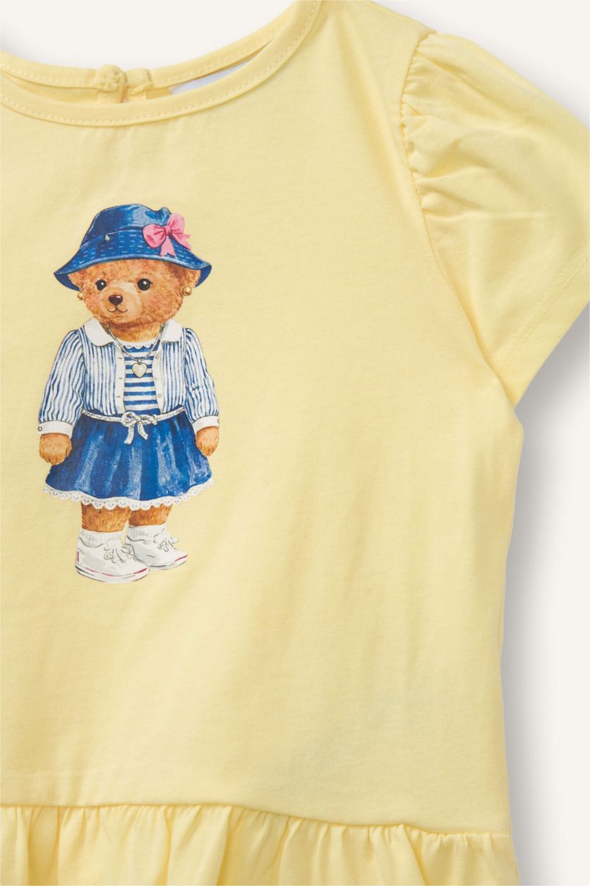 Baby Girl Yellow تيشيرت بيبي بناتي قصة عادية وطبعة دب