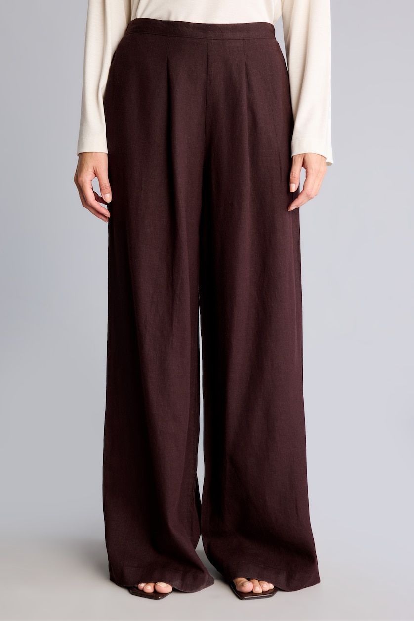 Kadın Kahve Regular Fit Geniş Paça Keten Pantolon