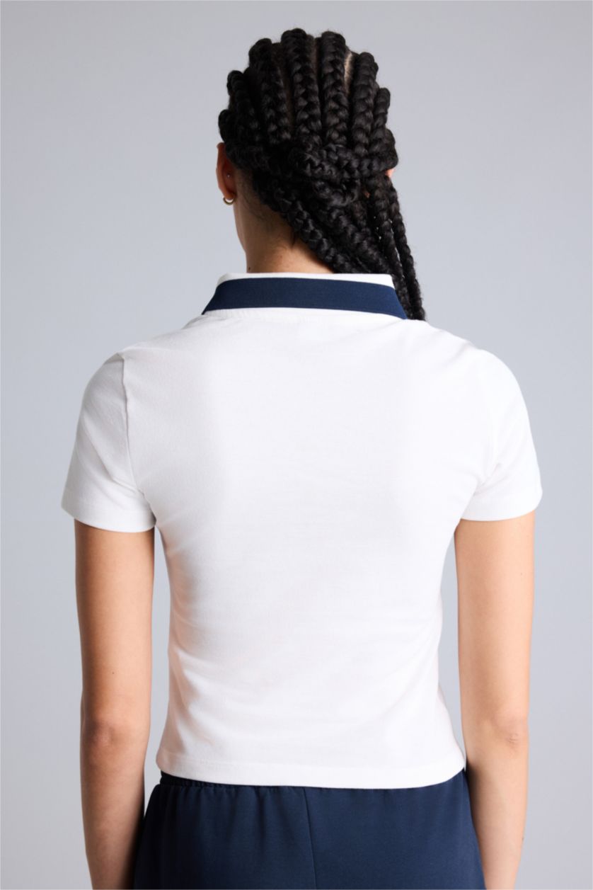 Kadın Ekru Slım Fıt Polo Yaka Sporcu Pike Kısa Kollu Polo Tişört