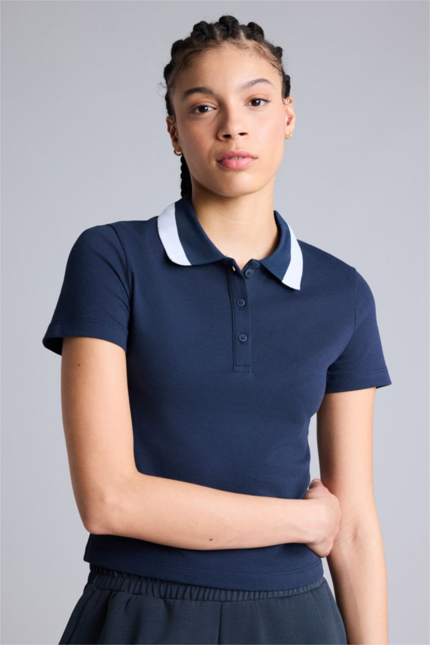 Kadın Lacivert Slım Fıt Polo Yaka Sporcu Pike Kısa Kollu Polo Tişört