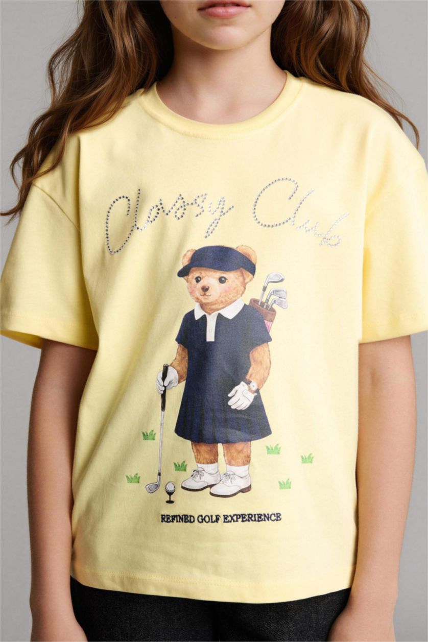 بنات أصفر تيشيرت بناتي نص ردن مطبوع اوفر سايز بياخة مستديرة