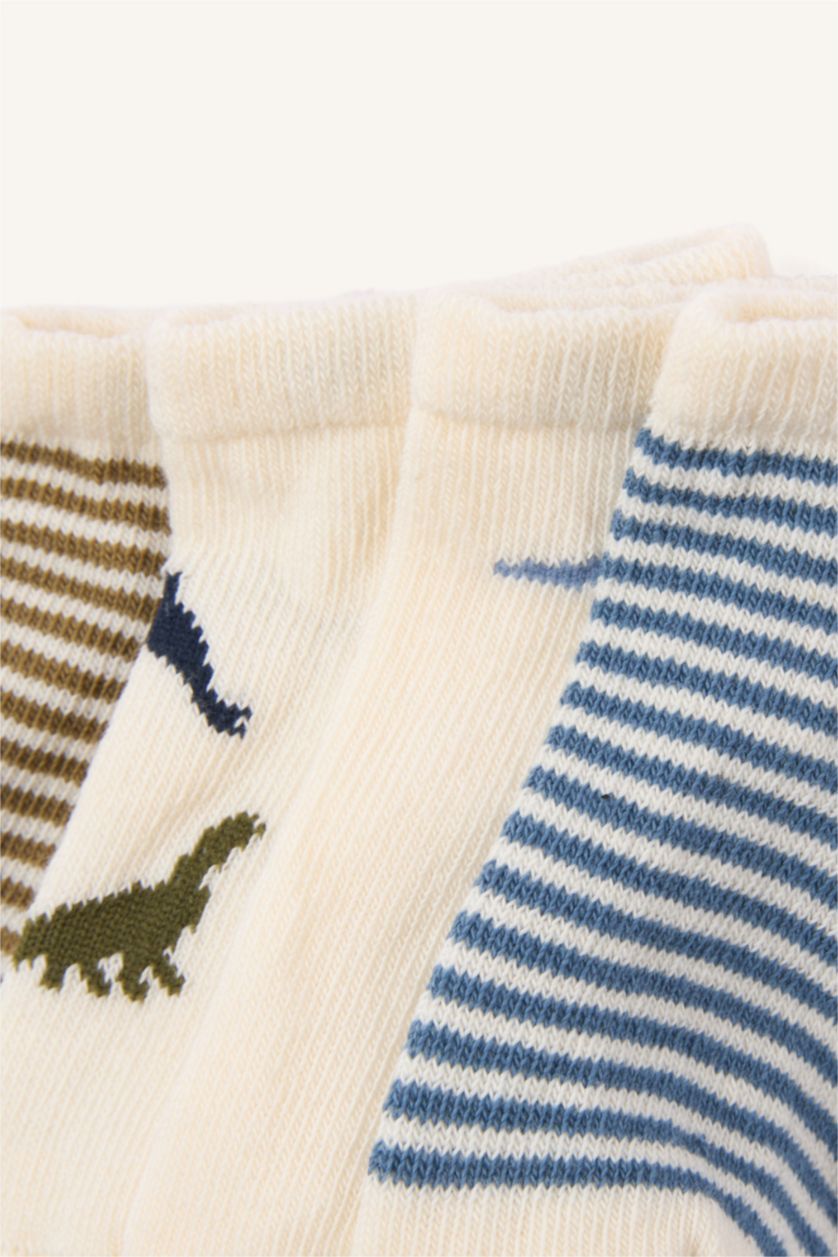 Erkek Bebek Beyaz Hayvan Desenli Dikişsiz 4'lü Pamuklu Patik Çorap Erkek Bebek