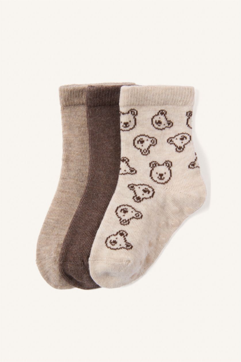 Erkek Bebek Kahve Ayı Baskılı Dikişsiz 3'lü Pamuklu Uzun Çorap Erkek Bebek