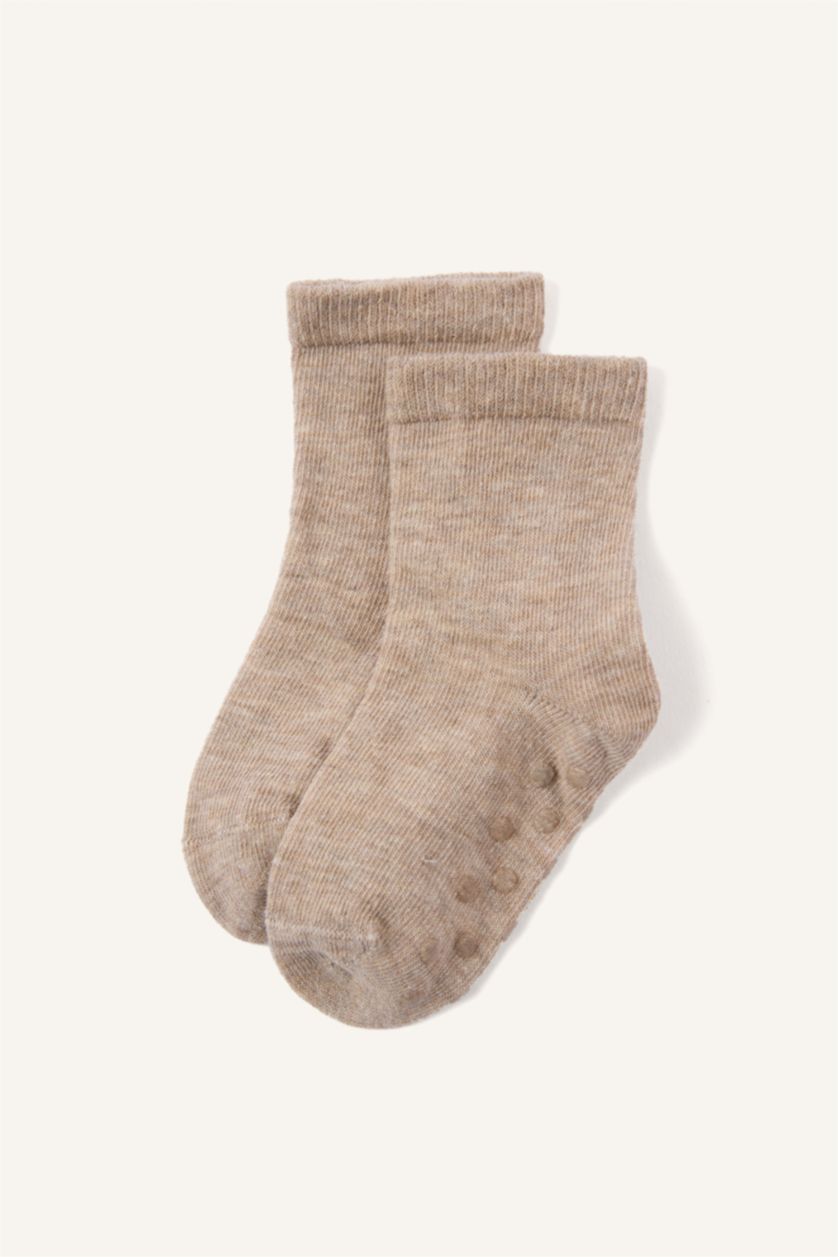 Erkek Bebek Kahve Ayı Baskılı Dikişsiz 3'lü Pamuklu Uzun Çorap Erkek Bebek