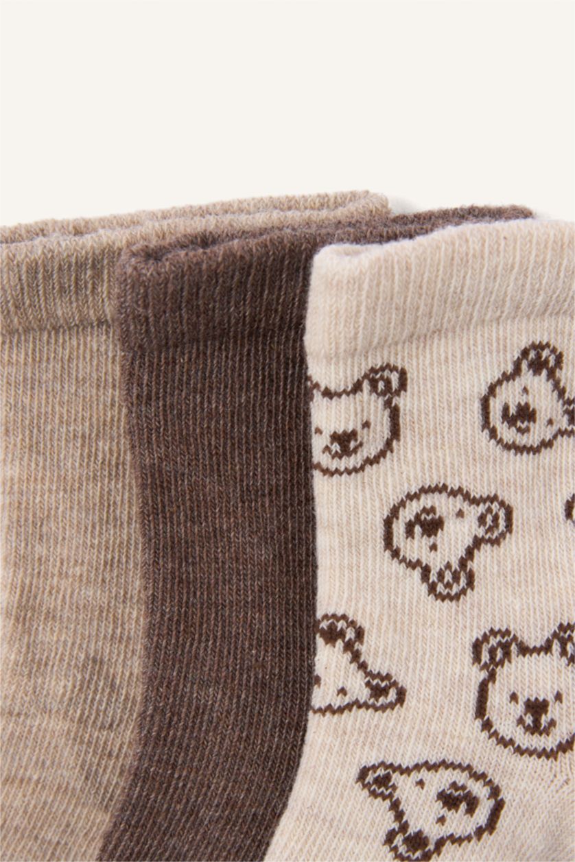 Erkek Bebek Kahve Ayı Baskılı Dikişsiz 3'lü Pamuklu Uzun Çorap Erkek Bebek
