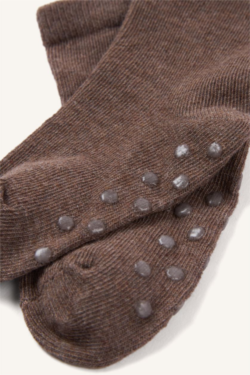 Erkek Bebek Kahve Ayı Baskılı Dikişsiz 3'lü Pamuklu Uzun Çorap Erkek Bebek