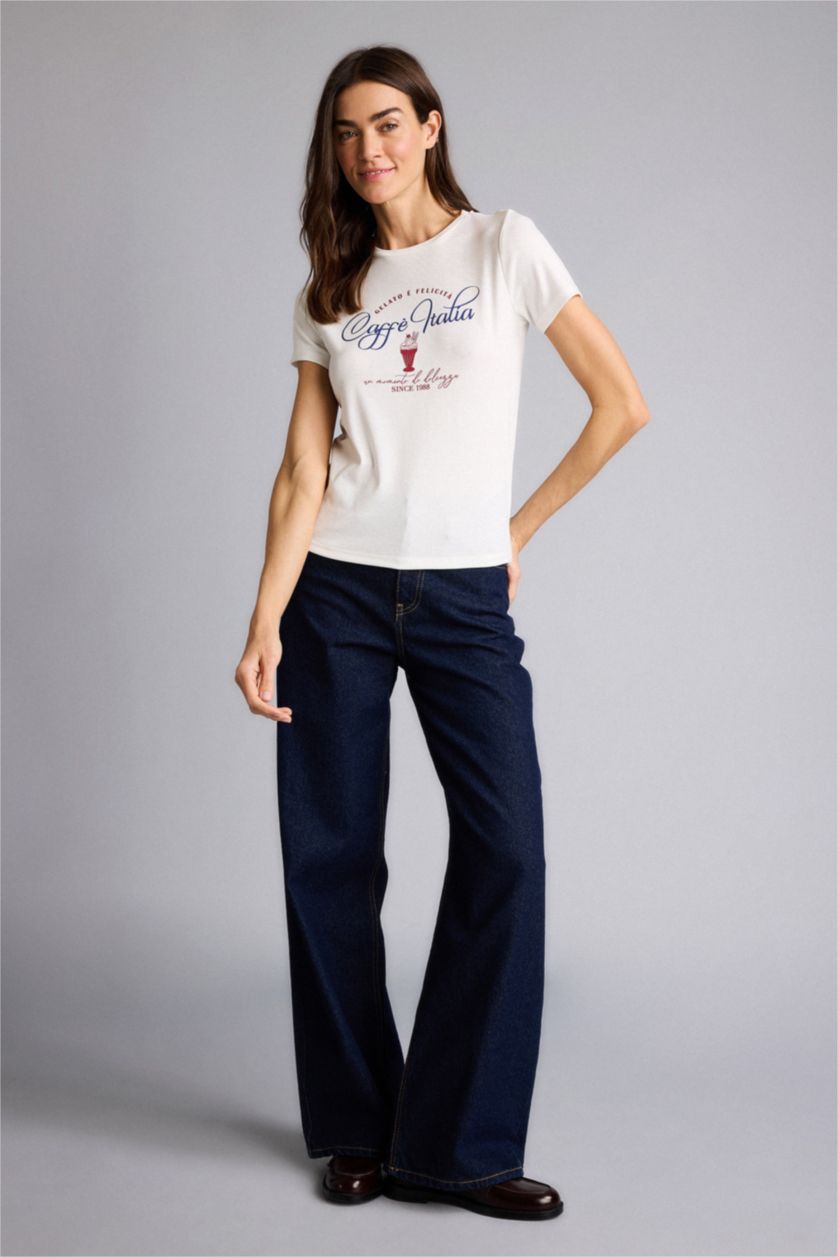 FEMME Blanc T-shirt côtelé imprimé à col rond et manches courtes Coupe régulière