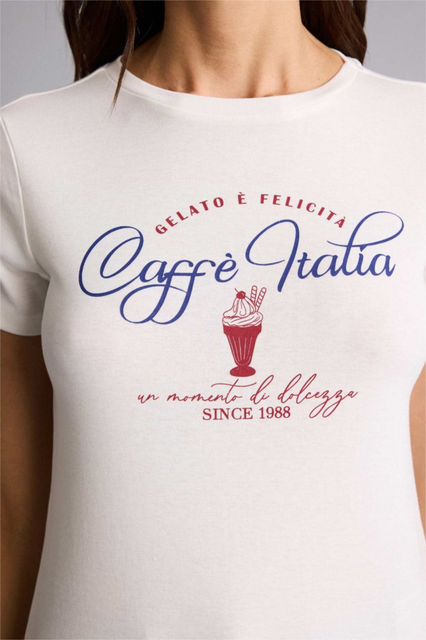 FEMME Blanc T-shirt côtelé imprimé à col rond et manches courtes Coupe régulière