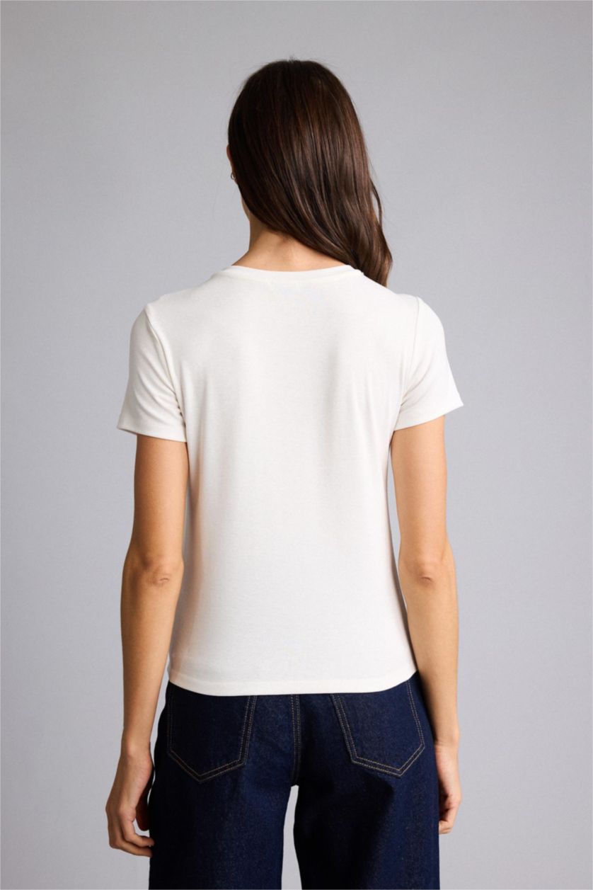 FEMME Blanc T-shirt côtelé imprimé à col rond et manches courtes Coupe régulière