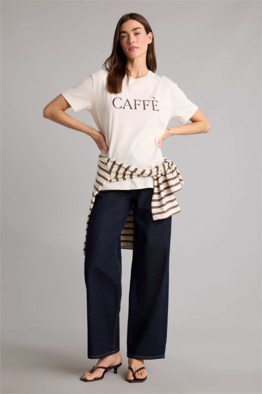 Kadın Ekru Relax Fıt Baskılı Penye Tişört