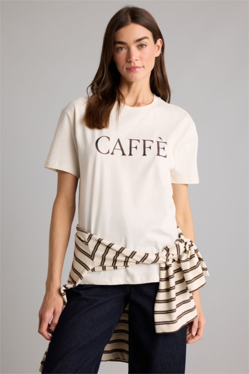 Kadın Ekru Relax Fıt Baskılı Penye Tişört