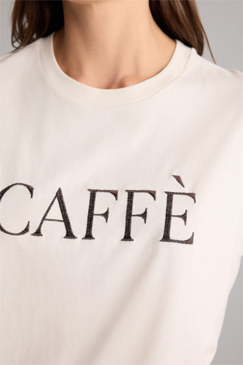 Kadın Ekru Relax Fıt Baskılı Penye Tişört