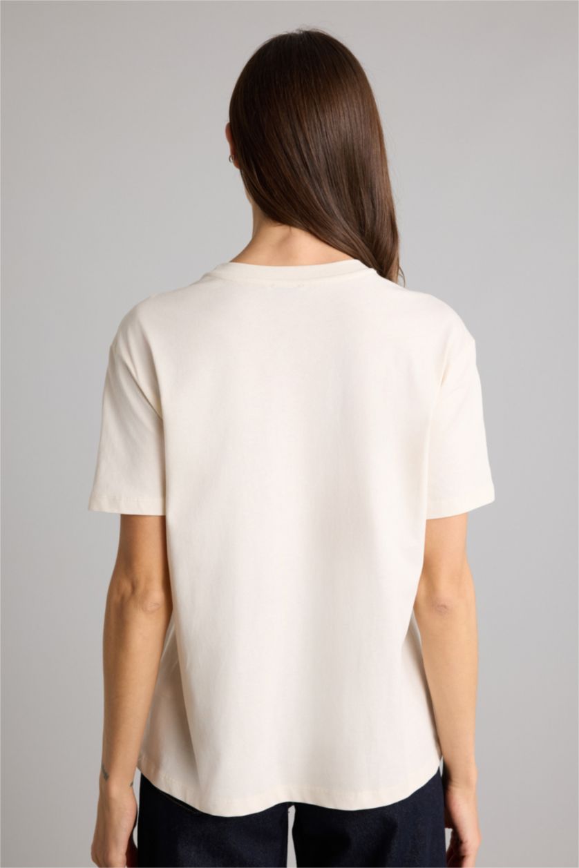 Kadın Ekru Relax Fıt Baskılı Penye Tişört