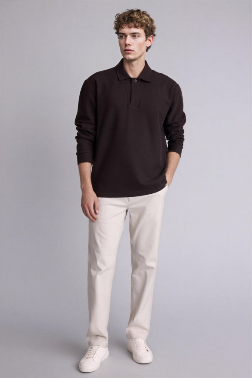 Erkek Kahve Regular Fıt Polo Yaka Pike Sweatshirt