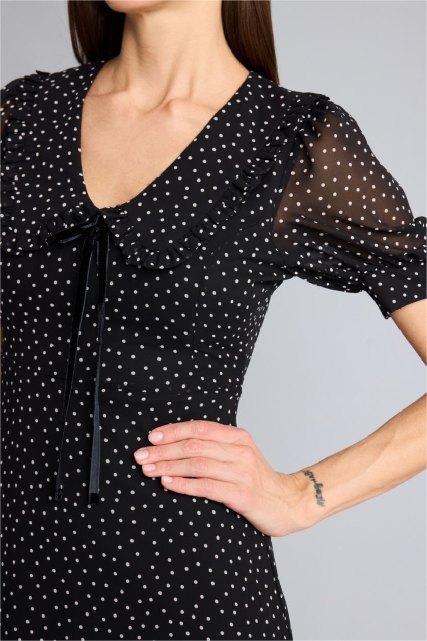 Kadın Siyah Afra x Defacto V Yaka Puantiye Şifon  Mini Elbise