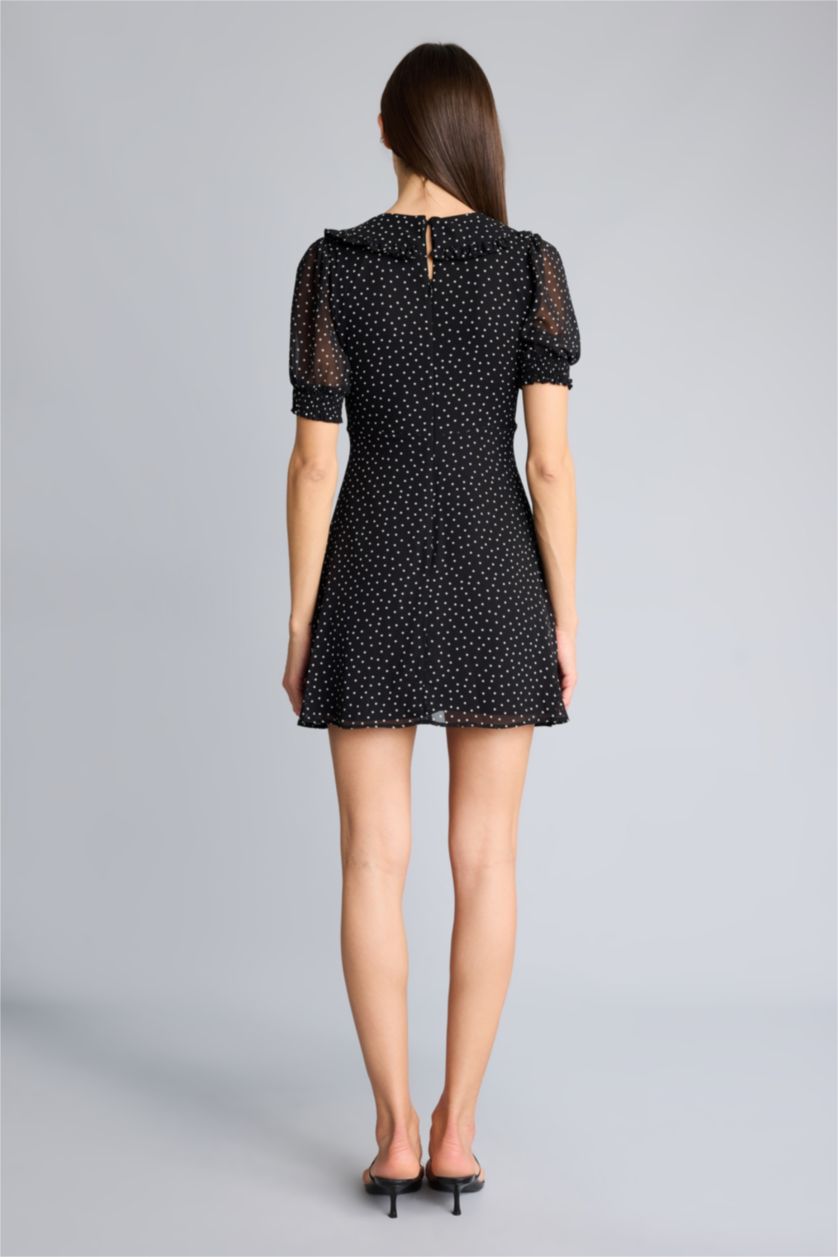 Kadın Siyah Afra x Defacto V Yaka Puantiye Şifon  Mini Elbise