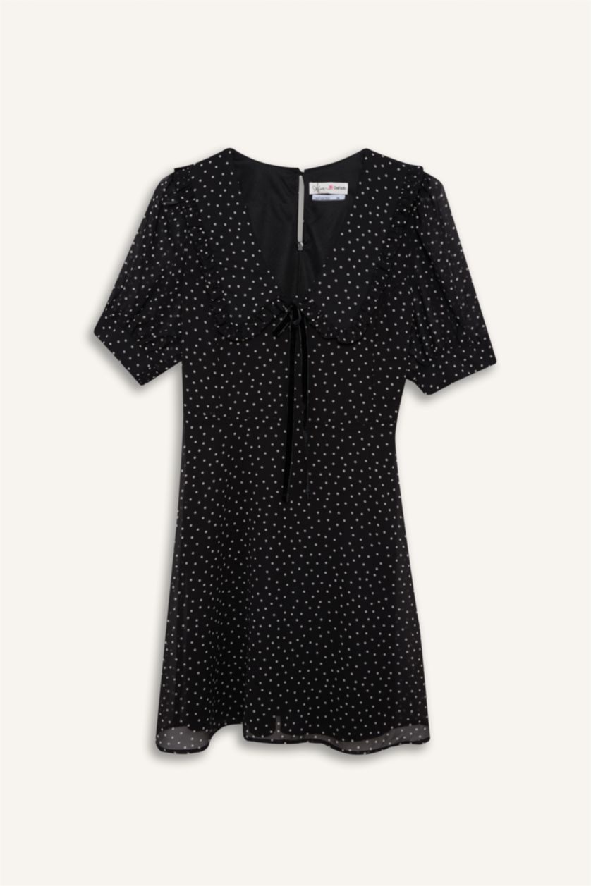 Kadın Siyah Afra x Defacto V Yaka Puantiye Şifon  Mini Elbise
