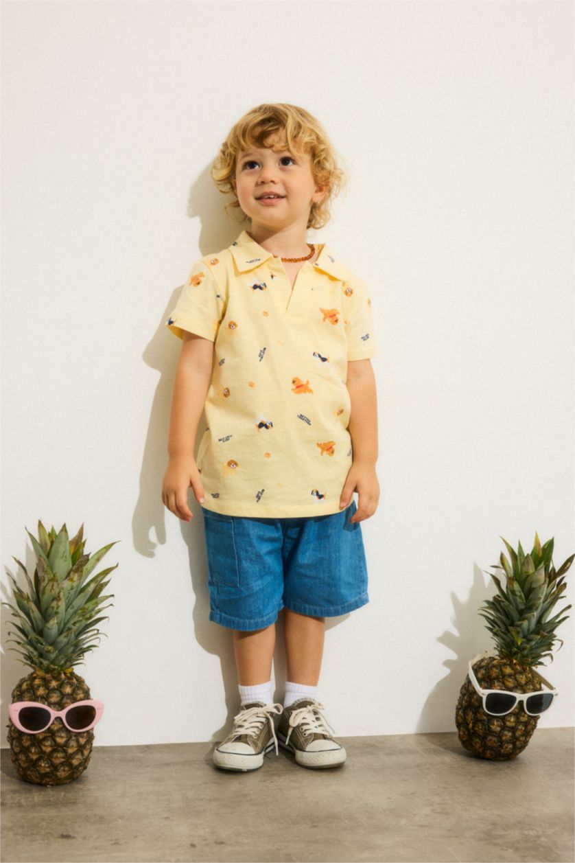 BABY BOY Light Yellow Baby Boy 2 piece Regular Fit Animal Print T-shirt and Shorts Set