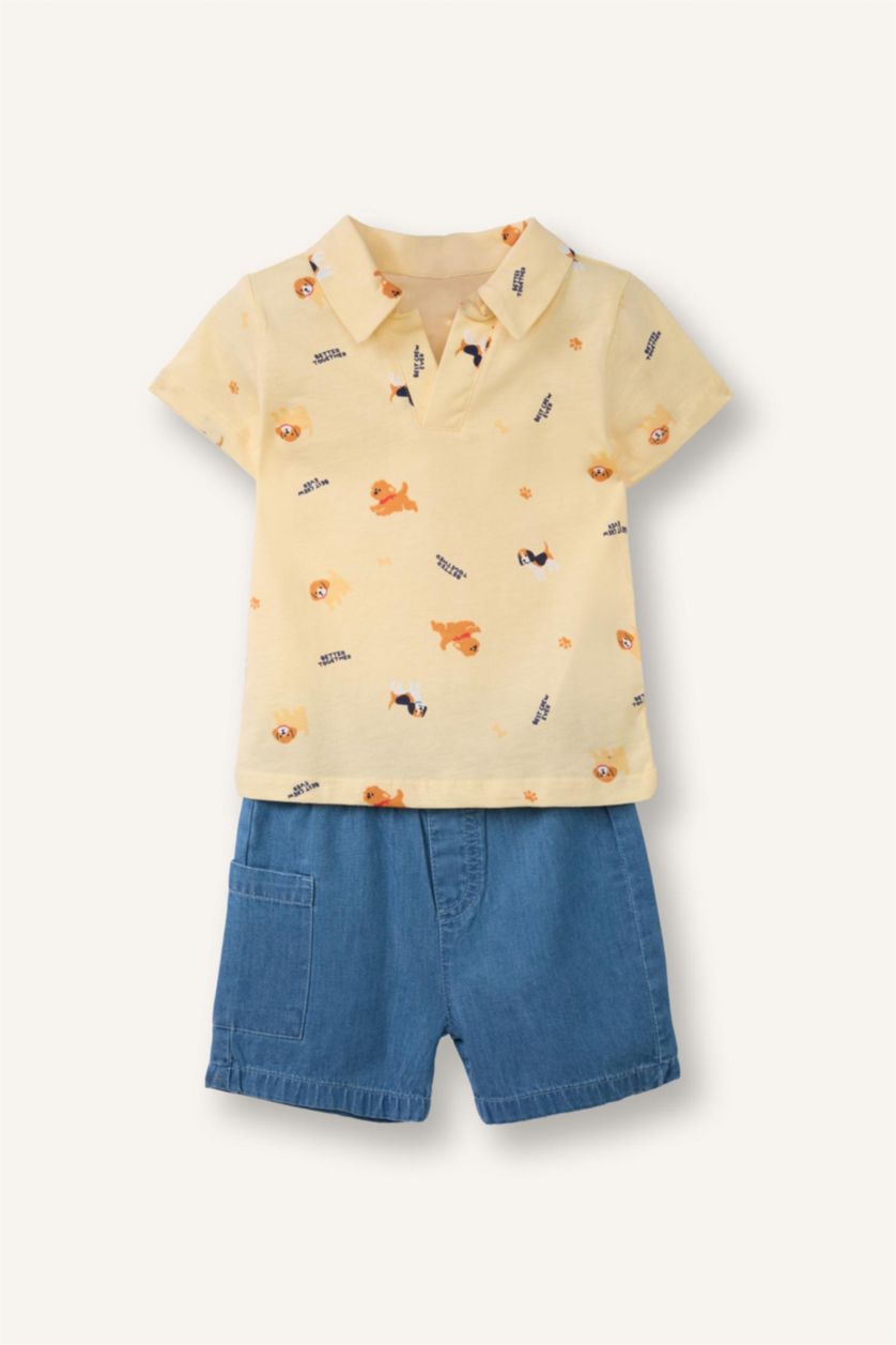 BABY BOY Light Yellow Baby Boy 2 piece Regular Fit Animal Print T-shirt and Shorts Set