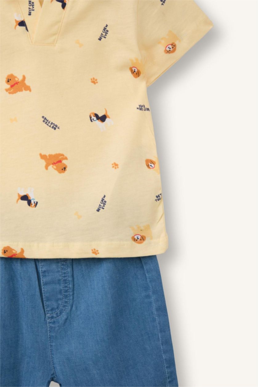 BABY BOY Light Yellow Baby Boy 2 piece Regular Fit Animal Print T-shirt and Shorts Set