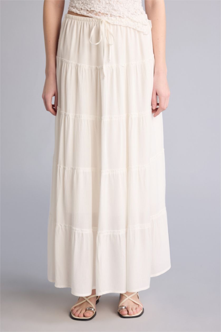 Kadın Ekru Normal Bel Pamuk Astarlı Krinkıl Kumaş Maxi Etek