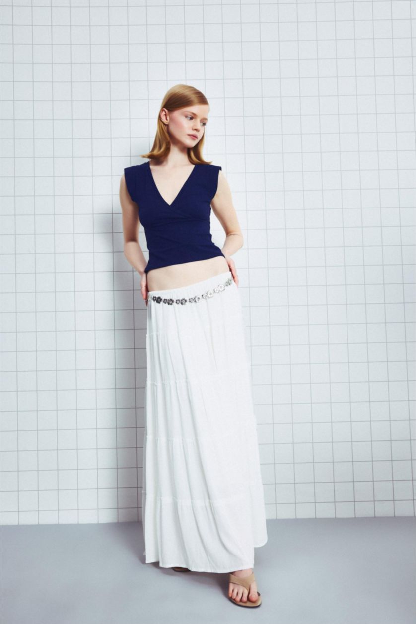 Kadın Ekru %100 Pamuk Normal Bel Pamuk Astarlı Krinkıl Kumaş Maxi Etek