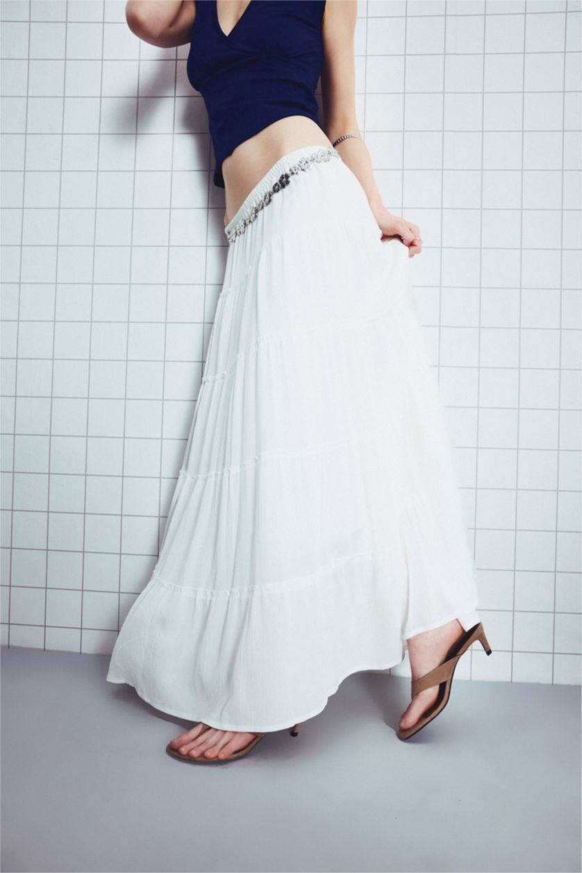 Kadın Ekru %100 Pamuk Normal Bel Pamuk Astarlı Krinkıl Kumaş Maxi Etek