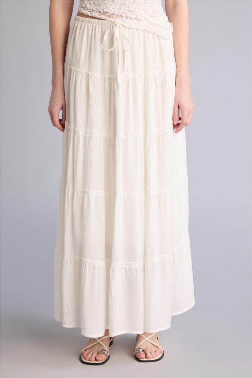 Kadın Ekru %100 Pamuk Normal Bel Pamuk Astarlı Krinkıl Kumaş Maxi Etek