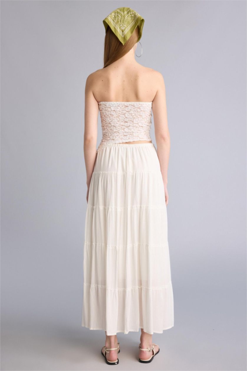 Kadın Ekru %100 Pamuk Normal Bel Pamuk Astarlı Krinkıl Kumaş Maxi Etek