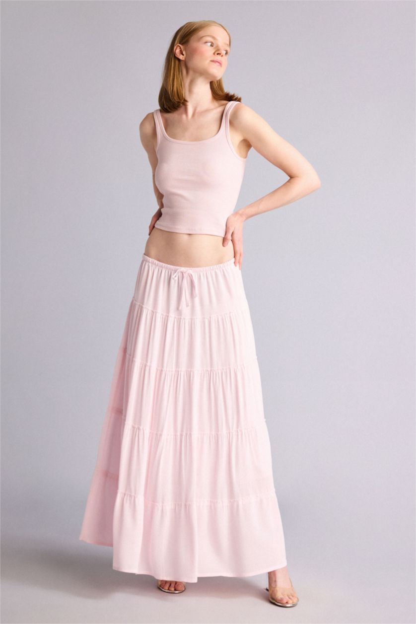 Kadın Açık Pembe Normal Bel Kırışık dokulu Maxi Etek