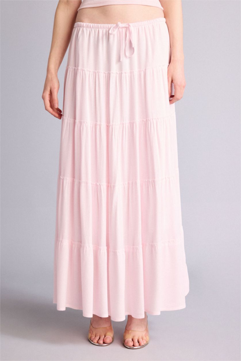 Kadın Açık Pembe Normal Bel Kırışık dokulu Maxi Etek