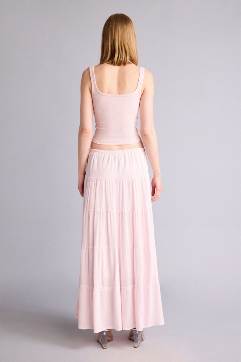 Kadın Açık Pembe Normal Bel Kırışık dokulu Maxi Etek