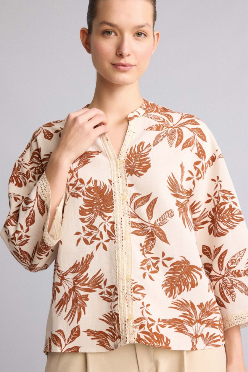 Kadın Koyu Turuncu Relaxed Fit Keten Karışımlı Baskılı Gömlek