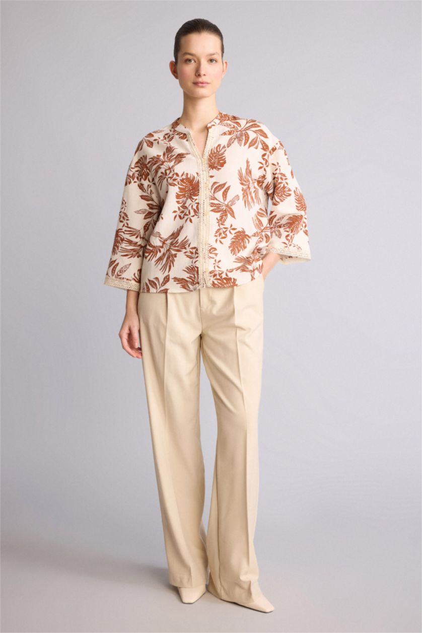 Kadın Koyu Turuncu Relaxed Fit Keten Karışımlı Baskılı Gömlek