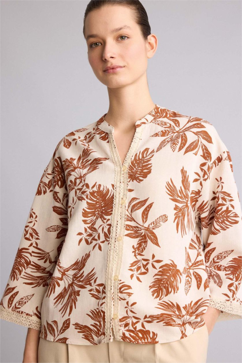 نساء برتقلي غامق Relax Fit Crew Neck Linen Blended Printed Long Sleeve Shirt