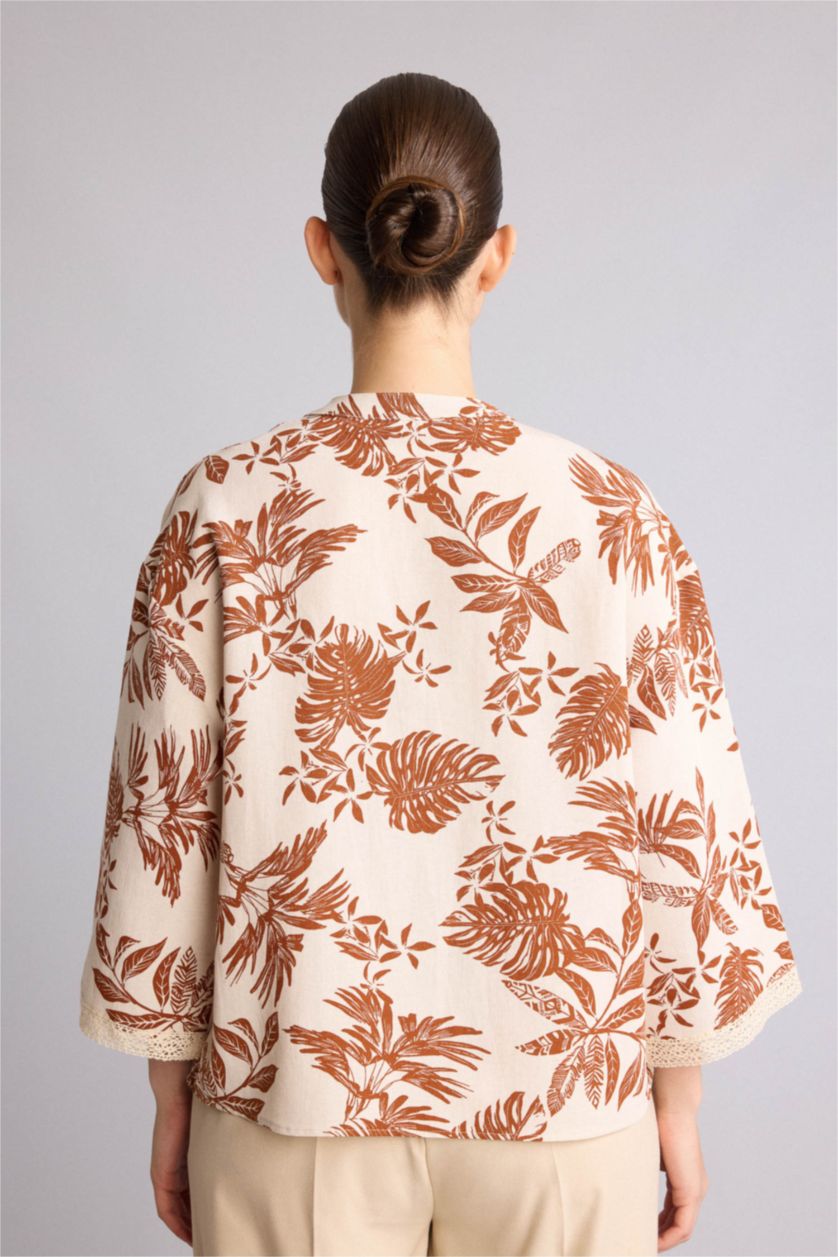 Kadın Koyu Turuncu Relaxed Fit Keten Karışımlı Baskılı Gömlek