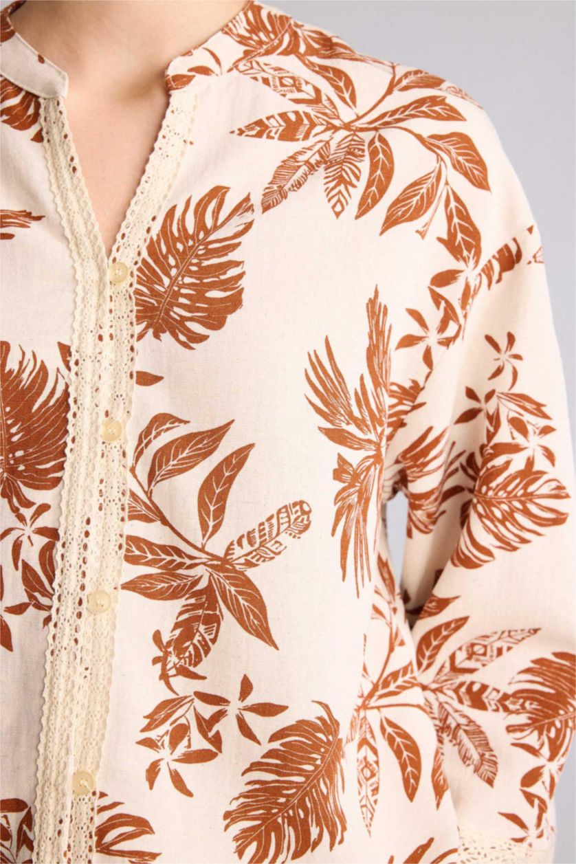 نساء برتقلي غامق Relax Fit Crew Neck Linen Blended Printed Long Sleeve Shirt