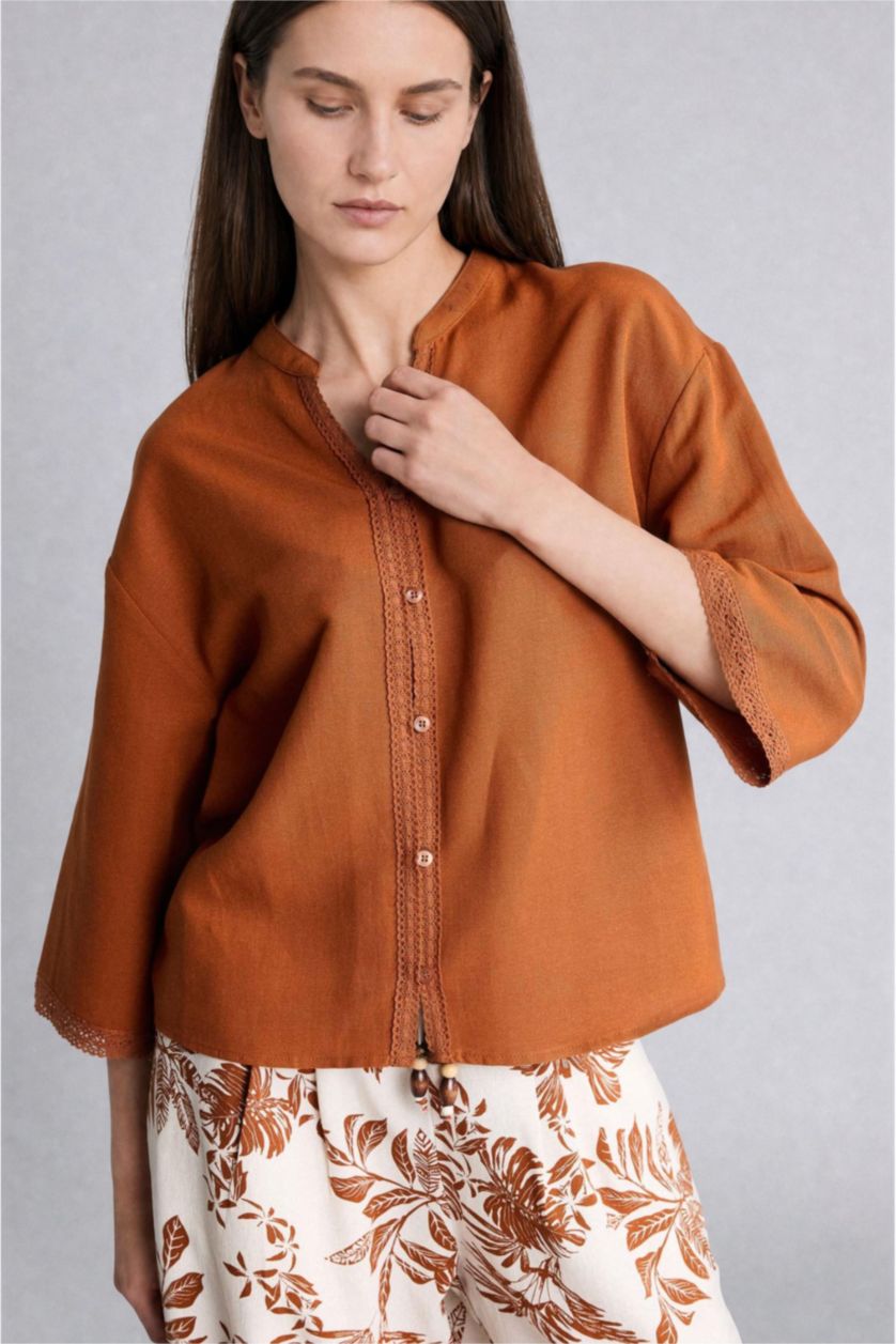 Women Orange Relax Fit Linen Blended Long Sleeve Shirt