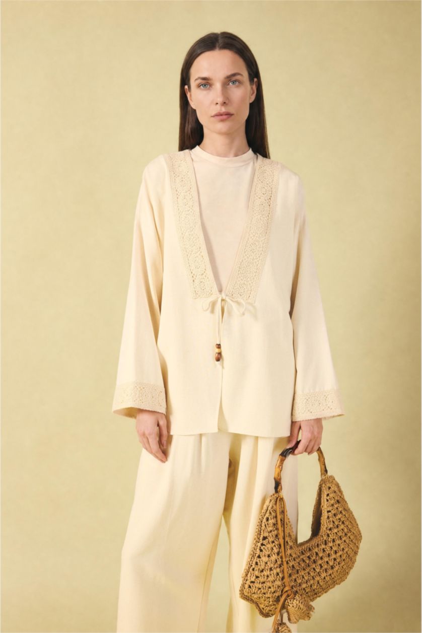 Women Stone Relax Fit V-Neck Linen Blended Long Sleeve Shirt
