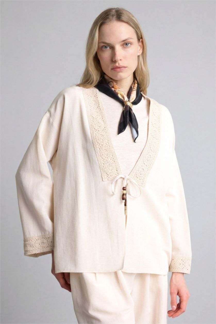 Kadın Taş Relaxed Fit Uzun kollu Keten Karışımlı Gömlek