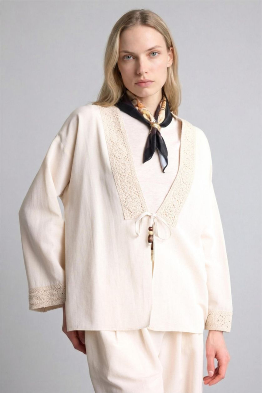 Women Stone Relax Fit V-Neck Linen Blended Long Sleeve Shirt