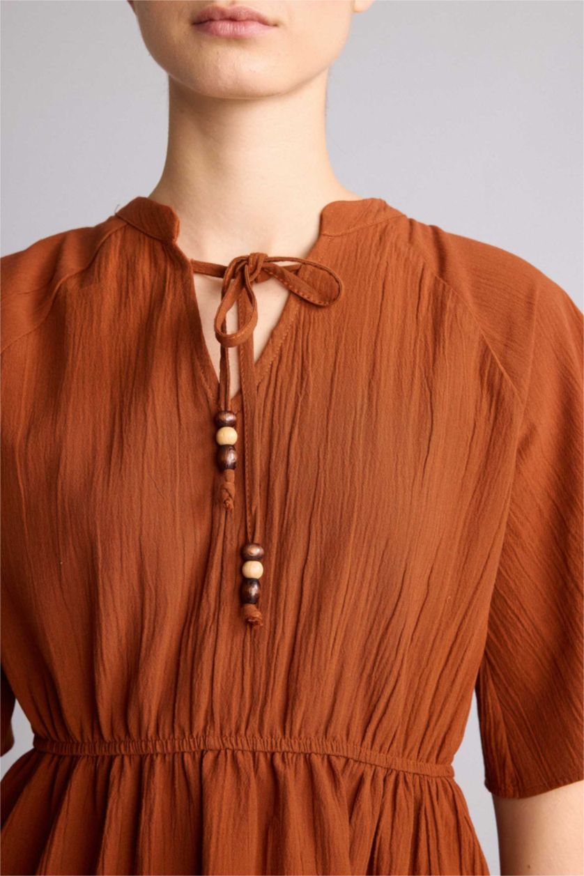 Kadın Turuncu A Kesim Midi Pamuklu Elbise